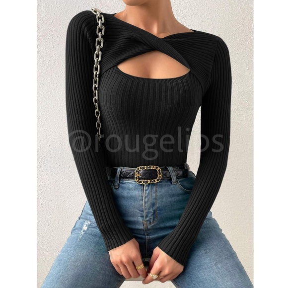Black Rib Knit Cut Out Keyhole Twisted Detail Long Sleeve Light Sweater Top - Picture 8 of 14